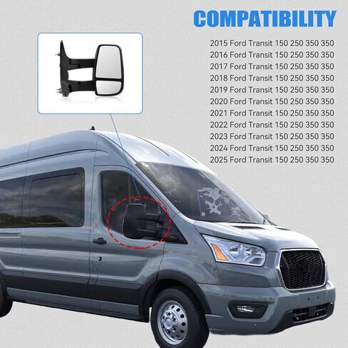 مرآة جانبية للركاب لسيارة Ford Transit 2015-2025، مرآة كهربائية بديلة لمرايا الأبواب ذات الذراع الطويلة اليمنى، ضوء إشارة غير انعطاف، زجاج غير ساخن in Kuwait
