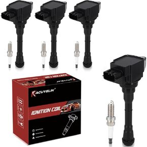 حزمة ملف الإشعال UF659 ومجموعة شمعات إشعال إيريديوم مزدوجة مكونة من 4 قطع متوافقة مع Nissan Juke 2012-2017 1.6L يستبدل #GN10614 1788535 C1807 XP5683 in Kuwait