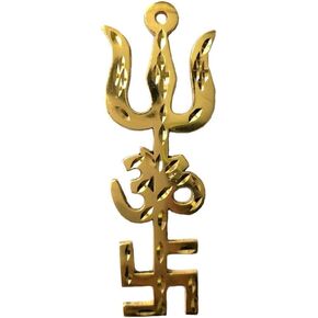 تحفة فنية معلقة على الحائط من نحاس روحي برو مارت Ashtdhatu Tri Shakti Trishul Om Swastika Yantra، زخرفة دينية هندوسية/منزل/مكتب من تأثير العين الشريرة in Kuwait