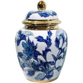Blue and White Porcelain Vase with Gold Trim - Chinoiserie Style Ginger Jar for Vintage Home Decor, 11 Inches Tall in Saudi Arabia