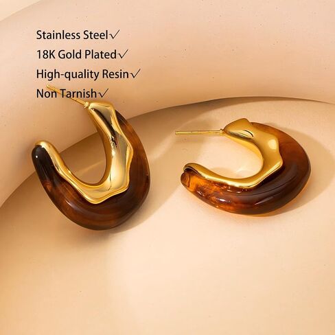 أقراط متدلية ذهبية مكتنزة للنساء غير مشوهة أقراط راتنج كهرمان بني وردي عصرية مطلية بالذهب عيار 18 قيراط in Kuwait