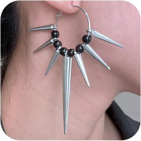 Gothic Silver Spike Dangly Earring for Women, Vintage Goth Punk Thorn Barbed Black Beads Drop Dangle Earrings Rock Party Accessories Jewelry Gifts in Saudi Arabia
