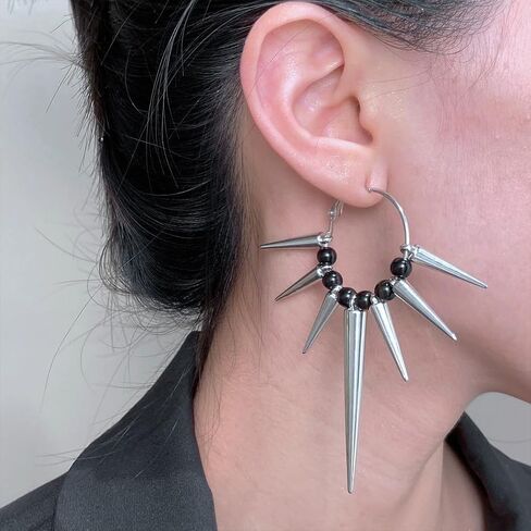Gothic Silver Spike Dangly Earring for Women, Vintage Goth Punk Thorn Barbed Black Beads Drop Dangle Earrings Rock Party Accessories Jewelry Gifts in Saudi Arabia