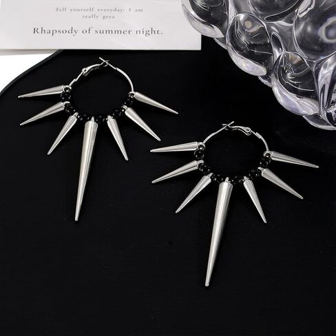 Gothic Silver Spike Dangly Earring for Women, Vintage Goth Punk Thorn Barbed Black Beads Drop Dangle Earrings Rock Party Accessories Jewelry Gifts in Saudi Arabia