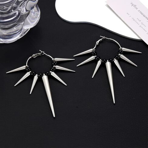 Gothic Silver Spike Dangly Earring for Women, Vintage Goth Punk Thorn Barbed Black Beads Drop Dangle Earrings Rock Party Accessories Jewelry Gifts in Saudi Arabia