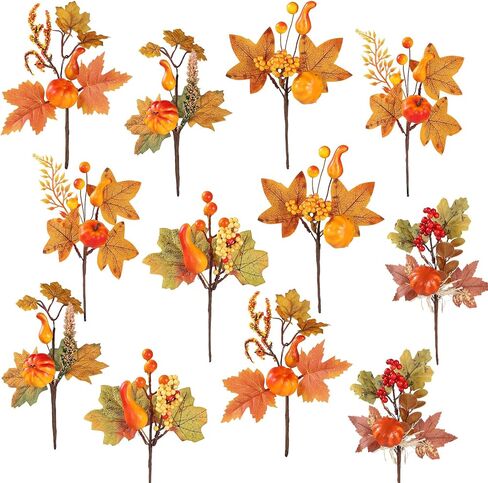 12pcs Pumpkin Fall Stems, Fall Floral Picks Fake Pumpkins Branches with Maple Leaves & Berry for Vases Centerpieces Thanksgiving Harvest Autumn Decoration in Kuwait