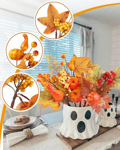 12pcs Pumpkin Fall Stems, Fall Floral Picks Fake Pumpkins Branches with Maple Leaves & Berry for Vases Centerpieces Thanksgiving Harvest Autumn Decoration in Kuwait