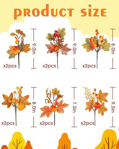 12pcs Pumpkin Fall Stems, Fall Floral Picks Fake Pumpkins Branches with Maple Leaves & Berry for Vases Centerpieces Thanksgiving Harvest Autumn Decoration in Kuwait