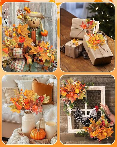 12pcs Pumpkin Fall Stems, Fall Floral Picks Fake Pumpkins Branches with Maple Leaves & Berry for Vases Centerpieces Thanksgiving Harvest Autumn Decoration in Kuwait