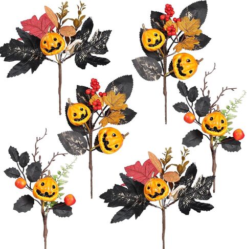 12pcs Pumpkin Fall Stems, Fall Floral Picks Fake Pumpkins Branches with Maple Leaves & Berry for Vases Centerpieces Thanksgiving Harvest Autumn Decoration in Kuwait