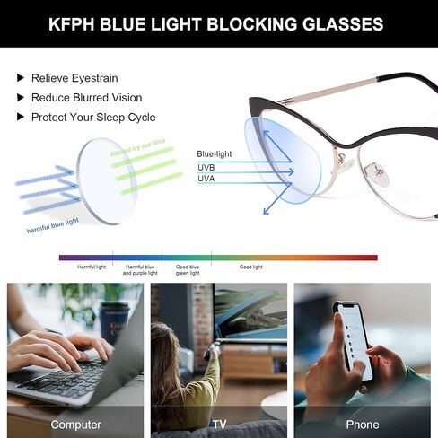 نظارات KFPH أنيقة على شكل عين القطة باللون الأزرق للنساء، نظارات كمبيوتر ألعاب شفافة لطيفة وشفافة، إطار معدني in Kuwait