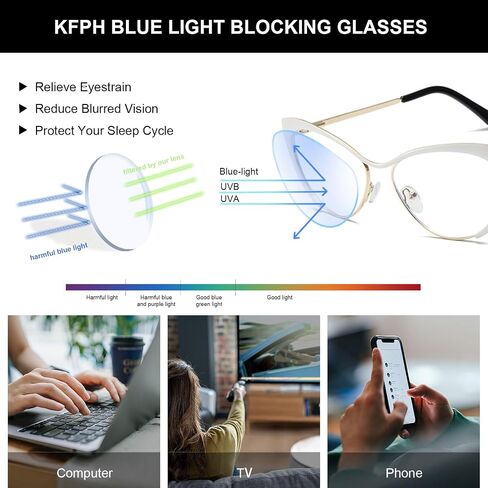 نظارات KFPH أنيقة على شكل عين القطة باللون الأزرق للنساء، نظارات كمبيوتر ألعاب شفافة لطيفة وشفافة، إطار معدني in Saudi Arabia