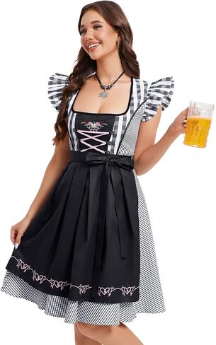 Women's 2-Piece Oktoberfest Dirndl Dress Square Neck Puff Sleeve Plaid Skirt With Apron Beer Festival Outfit in Saudi Arabia