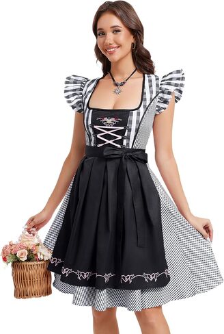 Women's 2-Piece Oktoberfest Dirndl Dress Square Neck Puff Sleeve Plaid Skirt With Apron Beer Festival Outfit in Saudi Arabia