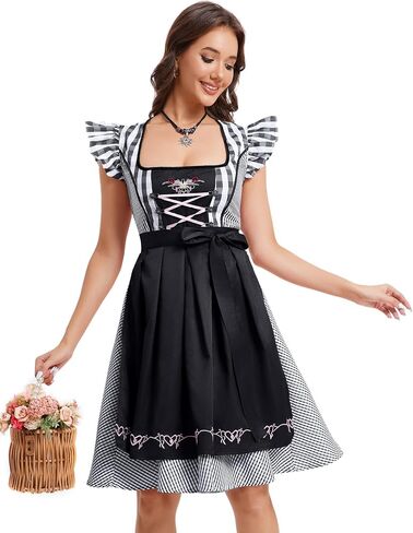 Women's 2-Piece Oktoberfest Dirndl Dress Square Neck Puff Sleeve Plaid Skirt With Apron Beer Festival Outfit in Saudi Arabia