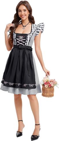 Women's 2-Piece Oktoberfest Dirndl Dress Square Neck Puff Sleeve Plaid Skirt With Apron Beer Festival Outfit in Saudi Arabia