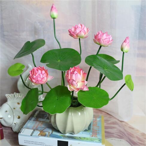 2pcs Artificial Lotus Flowers with Leaves 17" Pink Fake Water Lily Bouquets for Vase Bouquet Home Office Wedding Decor.(Pink,2pcs) in Saudi Arabia