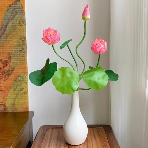 2pcs Artificial Lotus Flowers with Leaves 17" Pink Fake Water Lily Bouquets for Vase Bouquet Home Office Wedding Decor.(Pink,2pcs) in Saudi Arabia