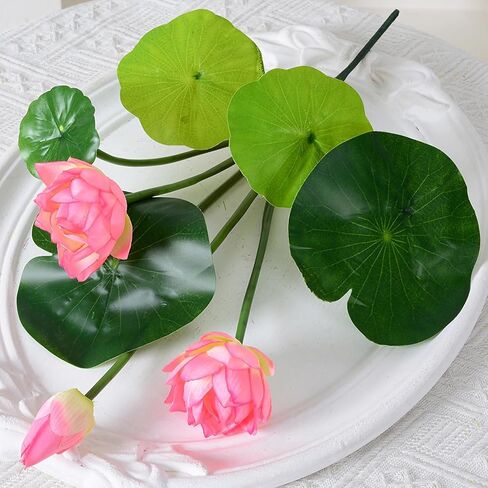 2pcs Artificial Lotus Flowers with Leaves 17" Pink Fake Water Lily Bouquets for Vase Bouquet Home Office Wedding Decor.(Pink,2pcs) in Saudi Arabia