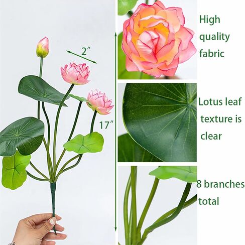 2pcs Artificial Lotus Flowers with Leaves 17" Pink Fake Water Lily Bouquets for Vase Bouquet Home Office Wedding Decor.(Pink,2pcs) in Saudi Arabia