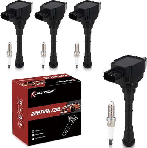 حزمة ملف الإشعال UF659 ومجموعة شمعات إشعال إيريديوم مزدوجة مكونة من 4 قطع متوافقة مع Nissan Juke 2012-2017 1.6L يستبدل #GN10614 1788535 C1807 XP5683 in Kuwait