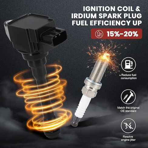 حزمة ملف الإشعال UF659 ومجموعة شمعات إشعال إيريديوم مزدوجة مكونة من 4 قطع متوافقة مع Nissan Juke 2012-2017 1.6L يستبدل #GN10614 1788535 C1807 XP5683 in Kuwait