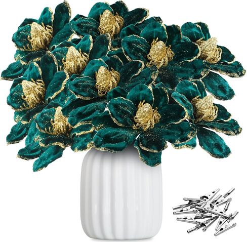 XunYee 10 Pcs Christmas Glitter Flowers Magnolia Flowers Christmas Tree Decorations White Poinsettia Flower Ornaments with Clips Artificial Floral for Christmas Tree Holiday DIY Wreath Party Decor in Kuwait