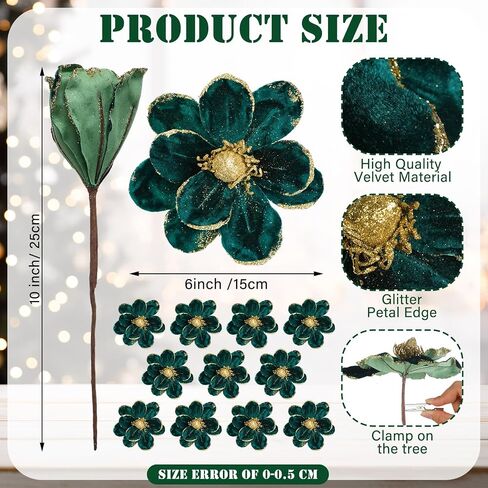 XunYee 10 Pcs Christmas Glitter Flowers Magnolia Flowers Christmas Tree Decorations White Poinsettia Flower Ornaments with Clips Artificial Floral for Christmas Tree Holiday DIY Wreath Party Decor in Kuwait
