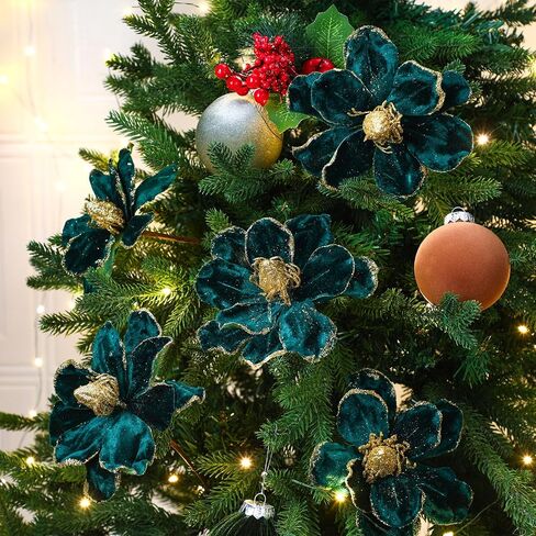 XunYee 10 Pcs Christmas Glitter Flowers Magnolia Flowers Christmas Tree Decorations White Poinsettia Flower Ornaments with Clips Artificial Floral for Christmas Tree Holiday DIY Wreath Party Decor in Kuwait