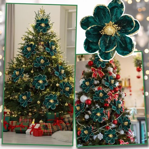XunYee 10 Pcs Christmas Glitter Flowers Magnolia Flowers Christmas Tree Decorations White Poinsettia Flower Ornaments with Clips Artificial Floral for Christmas Tree Holiday DIY Wreath Party Decor in Kuwait