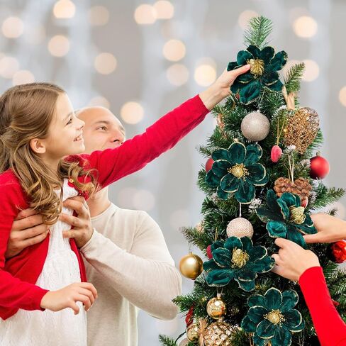 XunYee 10 Pcs Christmas Glitter Flowers Magnolia Flowers Christmas Tree Decorations White Poinsettia Flower Ornaments with Clips Artificial Floral for Christmas Tree Holiday DIY Wreath Party Decor in Kuwait