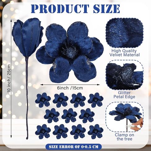 XunYee 10 Pcs Christmas Glitter Flowers Magnolia Flowers Christmas Tree Decorations White Poinsettia Flower Ornaments with Clips Artificial Floral for Christmas Tree Holiday DIY Wreath Party Decor in Kuwait