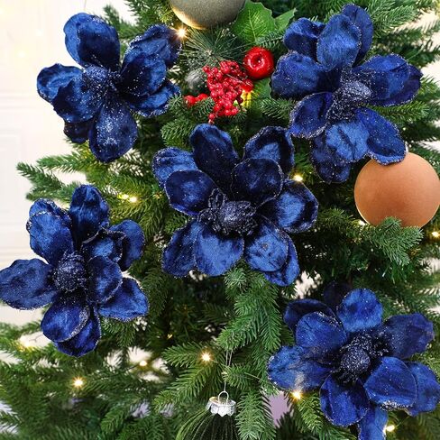 XunYee 10 Pcs Christmas Glitter Flowers Magnolia Flowers Christmas Tree Decorations White Poinsettia Flower Ornaments with Clips Artificial Floral for Christmas Tree Holiday DIY Wreath Party Decor in Kuwait