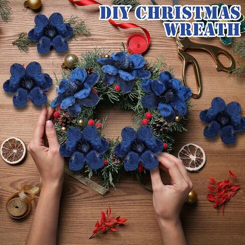 XunYee 10 Pcs Christmas Glitter Flowers Magnolia Flowers Christmas Tree Decorations White Poinsettia Flower Ornaments with Clips Artificial Floral for Christmas Tree Holiday DIY Wreath Party Decor in Kuwait