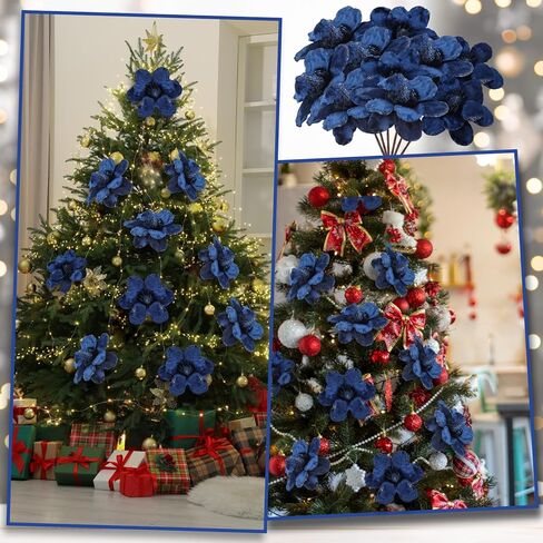 XunYee 10 Pcs Christmas Glitter Flowers Magnolia Flowers Christmas Tree Decorations White Poinsettia Flower Ornaments with Clips Artificial Floral for Christmas Tree Holiday DIY Wreath Party Decor in Kuwait