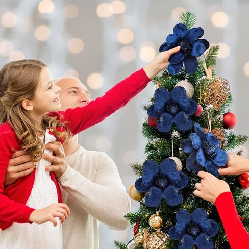 XunYee 10 Pcs Christmas Glitter Flowers Magnolia Flowers Christmas Tree Decorations White Poinsettia Flower Ornaments with Clips Artificial Floral for Christmas Tree Holiday DIY Wreath Party Decor in Kuwait