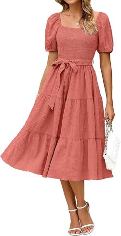 BerryGo Women's Summer 2025 Casual Smocked Midi Dress Square Neck Modest Puff Sleeve Flowy Beach Dress in Saudi Arabia