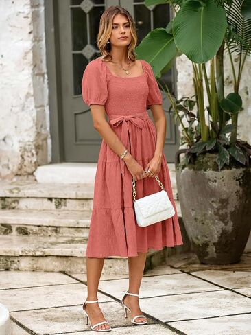 BerryGo Women's Summer 2025 Casual Smocked Midi Dress Square Neck Modest Puff Sleeve Flowy Beach Dress in Saudi Arabia