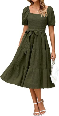 BerryGo Women's Summer 2025 Casual Smocked Midi Dress Square Neck Modest Puff Sleeve Flowy Beach Dress in Saudi Arabia