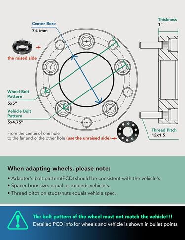 محولات عجلات YHTAUTO 5x4.75 إلى 5x5 1 بوصة متوافقة مع شيفروليه بليزر، جي إم سي، كاديلاك، بونتياك، فواصل الإطارات مع مسامير بدرجة 12x1.5 و12.9، تجويف مركزي 74.1 مم 5 عروة 4 قطع باللون الأسود in Saudi Arabia