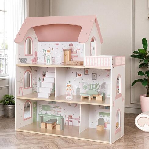 Wooden Dream Playhouse for Girls With Covons ، Doll House for Kids with Furniture ، DIY Prinent Dolls Play House Toy ، ألعاب Doll -Toys مع 12 PCS ، هدايا أعياد الميلاد للفتيان الذين تتراوح أعمارهم بين 3+ in Kuwait
