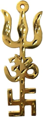 تحفة فنية معلقة على الحائط من نحاس روحي برو مارت Ashtdhatu Tri Shakti Trishul Om Swastika Yantra، زخرفة دينية هندوسية/منزل/مكتب من تأثير العين الشريرة in Kuwait