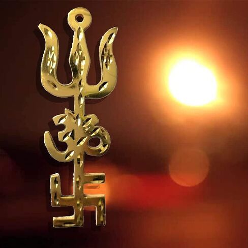 تحفة فنية معلقة على الحائط من نحاس روحي برو مارت Ashtdhatu Tri Shakti Trishul Om Swastika Yantra، زخرفة دينية هندوسية/منزل/مكتب من تأثير العين الشريرة in Kuwait