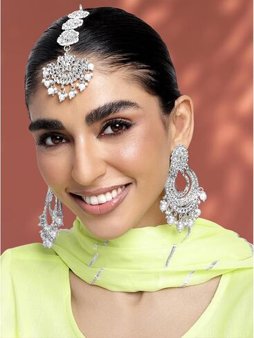 مجموعة أقراط Aheli Kundan & Lariya المرصعة Maangtikka & Chandbali من المجوهرات العرقية للنساء in Saudi Arabia