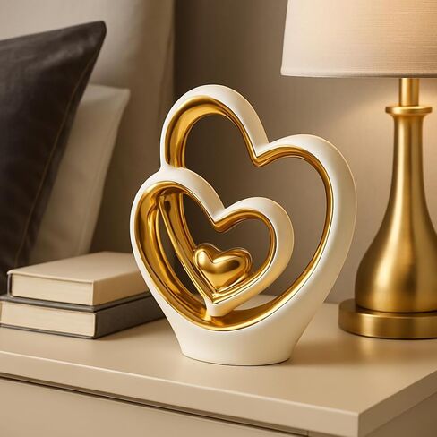 Gold Heart Ornament – Elegant Ceramic Couple Sculpture – White & Gold Tabletop Decor – Romantic Centerpiece for Living Room, Bedroom or Office – Anniversary or Valentine’s Gift in Saudi Arabia
