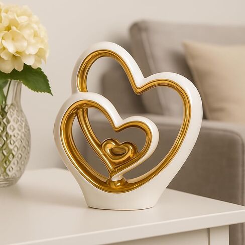 Gold Heart Ornament – Elegant Ceramic Couple Sculpture – White & Gold Tabletop Decor – Romantic Centerpiece for Living Room, Bedroom or Office – Anniversary or Valentine’s Gift in Saudi Arabia