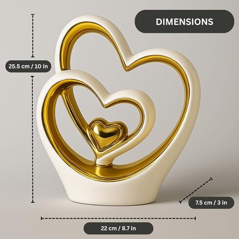 Gold Heart Ornament – Elegant Ceramic Couple Sculpture – White & Gold Tabletop Decor – Romantic Centerpiece for Living Room, Bedroom or Office – Anniversary or Valentine’s Gift in Saudi Arabia