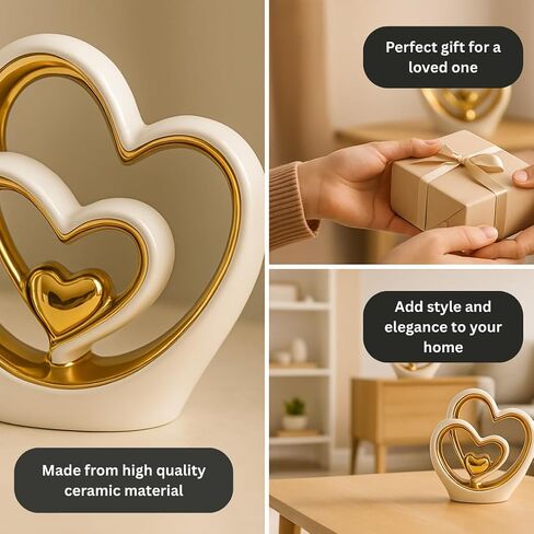 Gold Heart Ornament – Elegant Ceramic Couple Sculpture – White & Gold Tabletop Decor – Romantic Centerpiece for Living Room, Bedroom or Office – Anniversary or Valentine’s Gift in Saudi Arabia