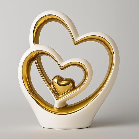Gold Heart Ornament – Elegant Ceramic Couple Sculpture – White & Gold Tabletop Decor – Romantic Centerpiece for Living Room, Bedroom or Office – Anniversary or Valentine’s Gift in Saudi Arabia