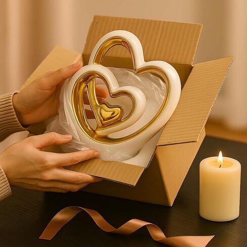Gold Heart Ornament – Elegant Ceramic Couple Sculpture – White & Gold Tabletop Decor – Romantic Centerpiece for Living Room, Bedroom or Office – Anniversary or Valentine’s Gift in Saudi Arabia